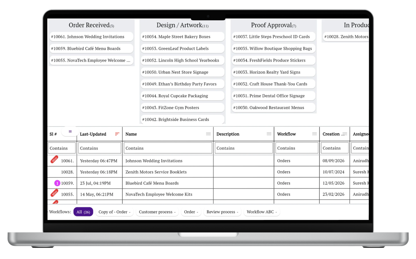 Kanban board showing print jobs organized by production steps in Simple Workflow